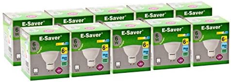 E-Saver - GU10 LED Bulbs - 6w = 60watt - (Pack of 10) - Daylight 6500k - Excellent Replacement for 60w Halogen Spotlight Bulbs with New Chip Technology - Flicker Free - Non Dimmable