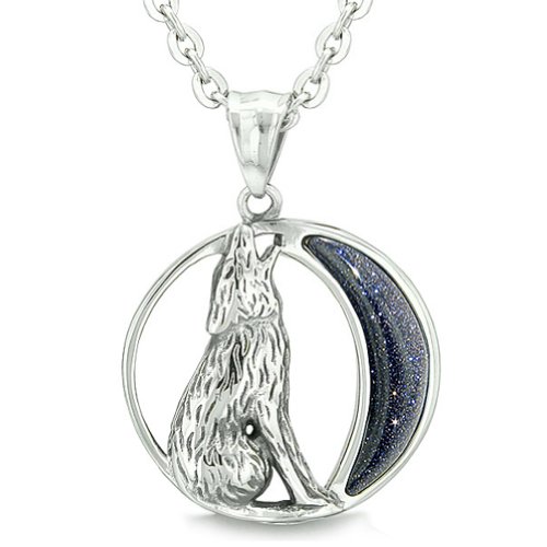 BestAmulets Amulet Howling Wolf Wild Moon Powers Blue Goldstone Pendant 18 Inch Necklace