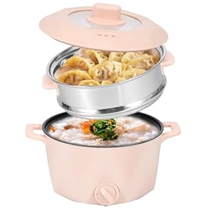 Electric Hot Pot with Stainless Steel Steamer, 2L Portable Non-Stick Mini Multifunctional Cooker, 2 Gear Rapid Noodles Cooker, Travel Electric Skillet for Stir Fry Raman Soup Noodles Steak(pink)