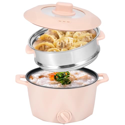 Electric Hot Pot with Stainless Steel Steamer, 2L Portable Non-Stick Mini Multifunctional Cooker, 2 Gear Rapid Noodles Cooker, Travel Electric Skillet for Stir Fry Raman Soup Noodles Steak(pink)