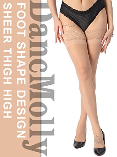 Image of DancMolly Silky Thigh High Stockings, with 17+ Colors Sheer Silicone Lace Top Pantyhose for Women