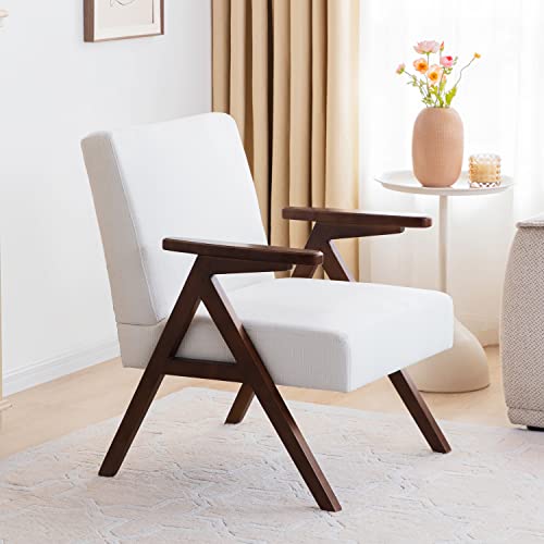 Huimo Side Chair,Solid Wooden Armchair,Modern Century Chair,Reading Chair, Tufted Accent Chair,Fabric Chairs For Living Room,Oversized Chair,Upholstered Elegant Bedroom Chair,White #TOP2