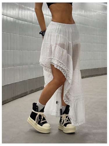 MakeMeChic Women's Lace Mesh Long Skirt Ruffle Tiered Elastic Waist Summer Skirts2