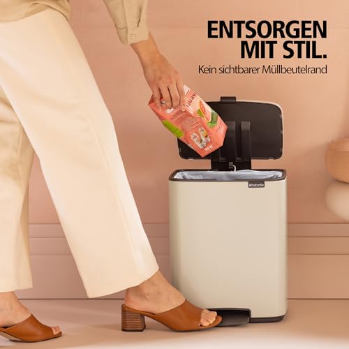 Brabantia Bo Treteimer 7 L (mattstahl), platzsparender Mini Mülleimer mit Soft-Close-Funktion und leichtgängigem Pedal, Badmülleimer mit herausnehmbarem Inneneimer, inklusive PerfectFit Müllbeuteln