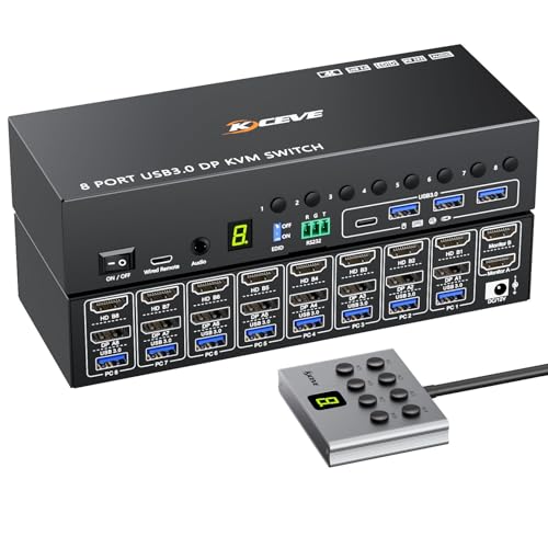 Image of 8 Port HDMI Displayport KVM Switch 2 Monitors 8 Computers 4K@60Hz EDID Simulation,8 PC Dual monitor KVM switch with 4 USB 3.0 Ports,Audio,RS232,with Wired Remote,12V Power Adapter and 8 USB Cable