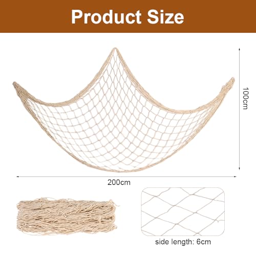Fischernetz Deko, 200 x 100 cm Dekoratives Fischernetz im Mediterranen Stil, Beige Nautisches Fischnetz, Fischerei Dekorative, Fish Net Wanddekoration, für Home Wohnzimmer Schlafzimmer Dekoration