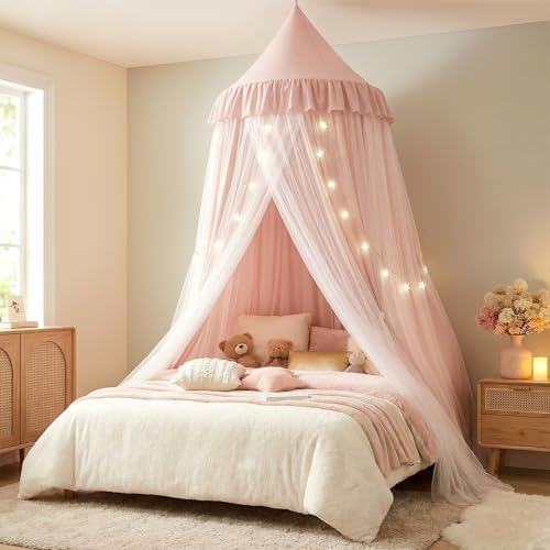 Mallify Moskitonetz Betthimmel mit Sternenlichtern, atmungsaktiv & waschbar Doppelte Lage Babybett Baldachin für Mädchen Prinzessin Kinderzimmer, 100 cm x 269 cm, Rosa