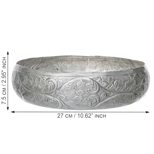Image of eCraftIndia Floral Designer Silver Metal Urli Bowl for Home Decoration Office Tv Unit Kitchen Showpiece for Good Luck | Urli for Living Room Diwali Gift