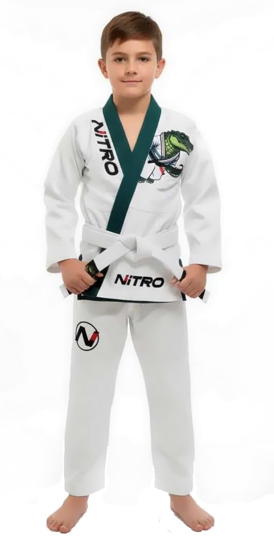 Kids Premium BJJ Gi - FREE WHITE BELT - Green Lapel - Lightweight - Alligator - Brazilian Jiu Jitsu Kid's Uniform