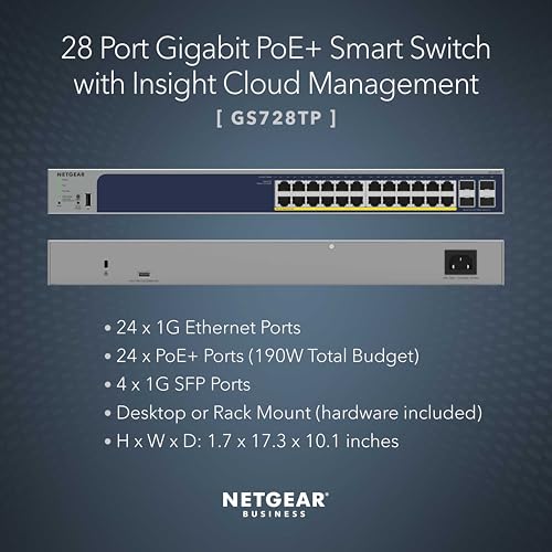 Image of NETGEAR 28-Port PoE Gigabit Ethernet Smart Switch (GS728TP) - Managed, Optional Insight Cloud Management, 24 x PoE+ @ 190W, 4 x 1G SFP, Desktop or Rackmount