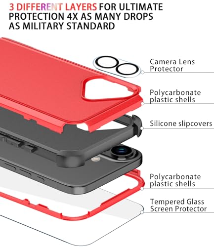 Image of Diverbox for iPhone 16 Case [Shockproof] [Dropproof] [Tempered Glass Screen Protector + Camera Protectors] Heavy Duty Protection Phone Case Cover for Apple iPhone 16 (Red)