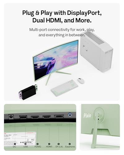 Image of Pixio PXC279 Wave Mint Green 27 inch 300Hz 1080p 1650R Curved Fast VA 1ms GTG Adaptive Sync Gaming Monitor with Mint Green HDMI 2.1 Cable Certified Ultra High Speed 10FT 8K 60Hz 4K 120Hz Nylon Braided