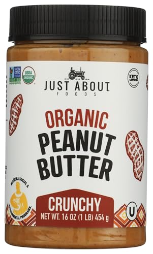 Just About Foods Organic & Keto Peanut Butter Crunchy 1 lb Gluten-Free, No Sugar Added, Palm Oil Free Single Ingredient, Unsweetened Peanut Spread