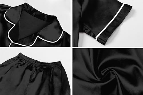 Image of Schbbbta Women Pajamas Set, 2 Pieces Satin Silk Button Down Pjs Short Sleeve Outfits Loungewear
