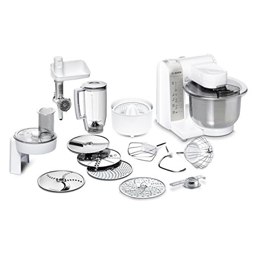 Bosch MUM48140DE Robot de cocina, versátil, con varios accesorios, cuenco grande, 4 niveles de mezcla, 600 W, color blanco
