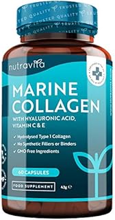 Marine Collagen 1000mg - 60 Capsules of Superior Type 1 Hydrolysed Collagen - Enhanced with Hyaluronic Acid, Vitamin C, Vitamin E, Vitamin B2, Zinc, Copper and Iodine - Made in The UK by Nutravita