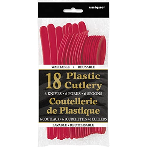Image of Red Plastic Silverware Set for 6 Guests (18pcs)