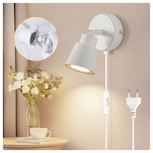 TaFiCo Wandlampe mit Schalter und Stecker Weiß GU10 - Moderne 50W Wandleuchte Inner mit Schalter und Stecker Drehbar 350° für Schlafzimmer Wohnzimmer Korridor - Ohne Leuchtmittel