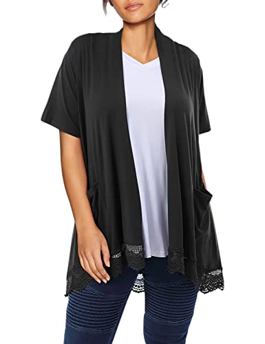 Zerdocean Women's Plus Size Short Sleeve Lace Trim Lightweight Printed Drape Cardigan With Pockets Black 4X #TOP1