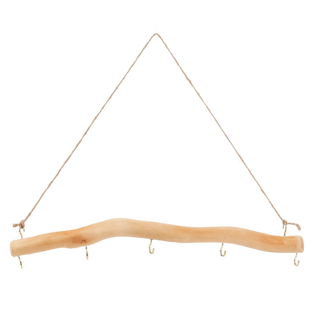 SOFPLATE 5 Hook Wall Mounted Jewellery Holder Branch Wall Hooks Natural Wood with Twine Rope Farmhouse Vintage Drift Wood Pieces Easy to Use Necklace Hanger Wall Mount for Dried Flowers Keys Crafts