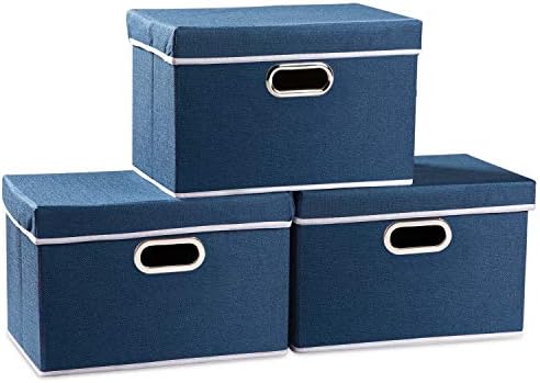 PRANDOM Large Collapsible Storage Bins with Lids [3-Pack] Linen Fabric Foldable Storage Boxes Organizer Containers Baskets Cube with Cover for Home Bedroom Closet Office Nursery (17.7x11.8x11.8")