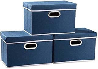 PRANDOM Large Collapsible Storage Bins with Lids [3-Pack] Linen Fabric Foldable Storage Boxes Organizer Containers Baskets Cube with Cover for Home Bedroom Closet Office Nursery (17.7x11.8x11.8")