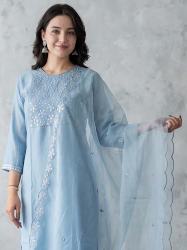 Image of INDO ERA Solid Straight Pure Cotton Kurta with Pant & Dupatta Set for Women