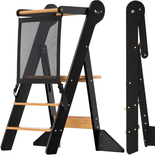 Image of COSYLAND Foldable Toddler Standing Tower - Adjustable Height Folding Step Stool Kid Toddler Kitchen Stool for Learning and Cooking - Ages 18 Months to 6 Years with Safety Net Natural & Charcoal