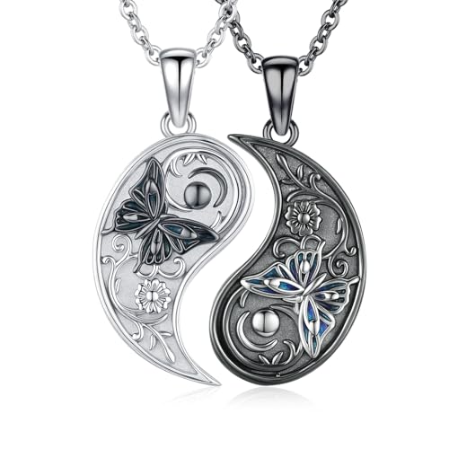 REDSUN Yin Yang Kette für 2 Mädchen Damen 925 Sterling Silber Schmetterling Blumen Freundschaftskette Partnerketten BFF Ketten Set für Partner Cousins Couple Geburtstag Valentinstag mit Geschenkbox