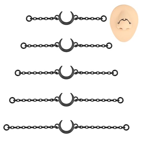 6ixGosh 5PCS Nose Chain Surgical Steel Across Top Nose Piercing Jewelry - Double Nostril Bridge Jewelry for Women & Men Black Gold Silver Moon B
