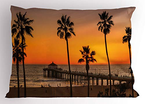 Ambesonne Vintage Beach Pillow Sham, Photo of Palm Trees at Manhattan Beach in Los Angeles Sunset Silhouette Art, Decorative Standard King Size Printed Pillowcase, 36" X 20", Multicolor