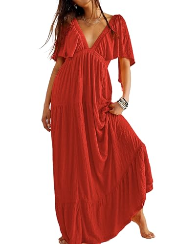 Image of Kikibell Women Summer Dresses Sexy V-Neck Maxi Dress Tiered Silhouette with Flutter Sleeve Backless Elastic Waist Flowy Dress