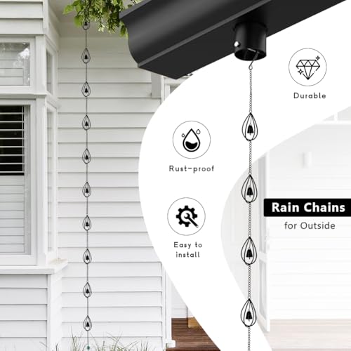 dreamysoul Rain Chains for Gutters, 10.27FT Black Teardrop Rain Chains with Bell, Rain Catcher Chains for Outside, Downspout, Eaves, Drainage by dreamysoul - Image 3