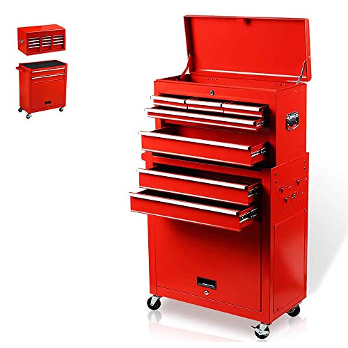 8-Drawer Rolling Tool Box, Rolling Tool Chest with Drawers and Wheels, Tool Storage Cabinet with 4 Swivel Wheels (2Pcs with Brake), Keyed Locking System Tool Organizer (Red)
