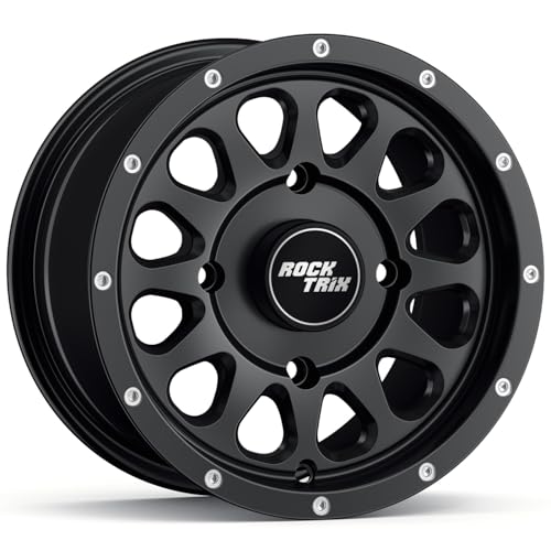 RockTrix RT111 12in ATV Wheel Rim 12x7 Matte Black, 4x156 Bolt Pattern, 4+3 offset, Compatible with Polaris Sportsman RZR Ranger - 4/156