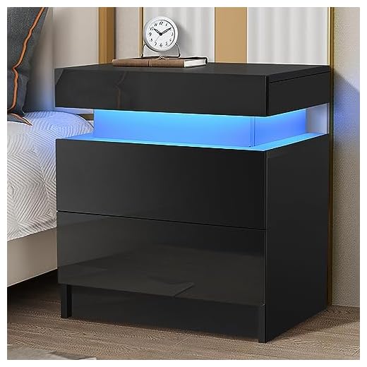 HOMMPA LED Nightstand Modern Black Nightstand with Led Lights Wood Matte Led Bed Side Table Night Stand with 2 High Gloss Drawers for Bedroom 20.5" Tall