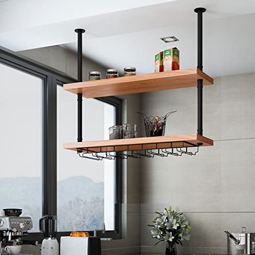 HDDNMLOH Hanging Wine Rack Ceiling Mounted Glass Holder with Water Pipe Design Wrought Iron Solid Wood Floating Storage Rack for Bottles Black (60 * 25 * 35cm)