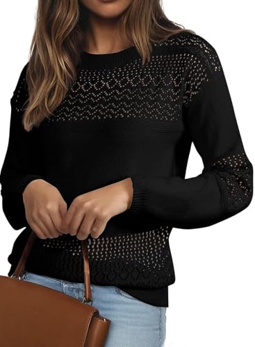 Image of SHEWIN Women's Sweaters Casual Long Sleeve V Neck Crewneck Lightweight Crochet Pullover Sweater Tops