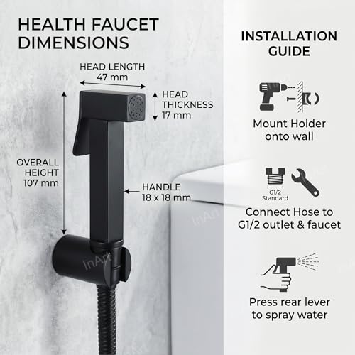 Image of InArt Health Faucet for Bathroom, Premium Jet Spray with Hose and Holder, Superior Low Water Pressure Performance, Easy Grip Design, Durable Brass Material Black