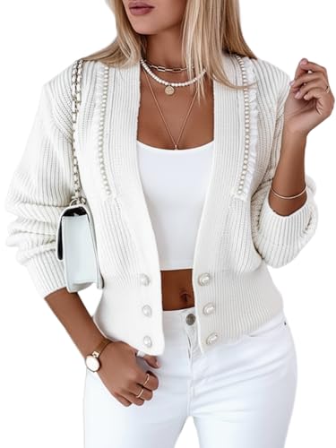 CHICME Cardigan for Women V Neck Long Sleeve Pearl Beaded Knitted Cardigan Sweaters White-M