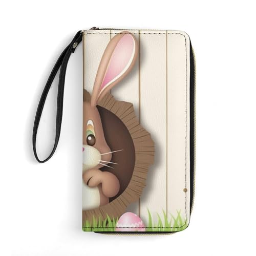 Womens Leather Wallets with Wristlet Strap Easter Bunny Wooden Hole Wallet for Women Card Phone Holder Ladies Purse