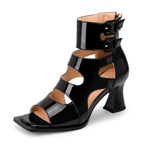Women's Chunky Heel Sandals Ankle Strap Hollow Out Open Toe Back Zipper Summer Bootie