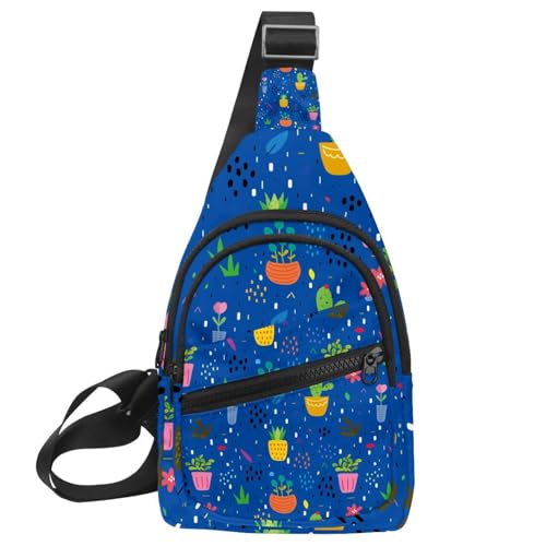 Bolsa de pecho de gran capacidad con fondo azul y diseño botánico