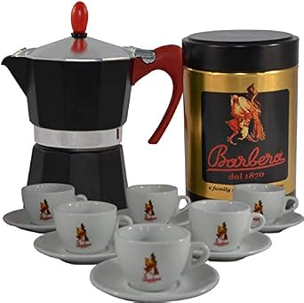 Coffee Pot 3 Cups + BARBERA CAN - Ground Coffee Blends + Set BARBERA Cups