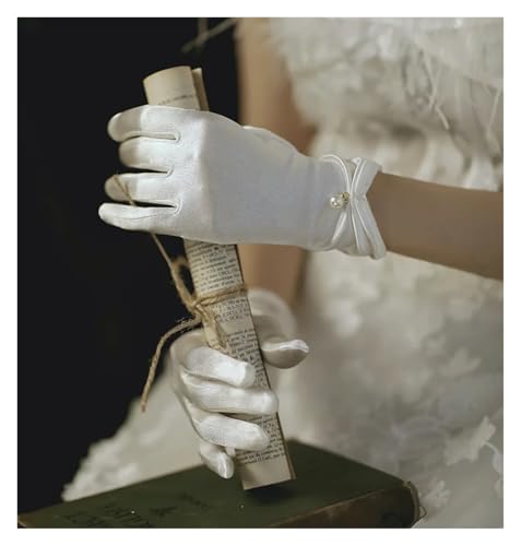 Guantes de boda de satén blanco con lazo de perlas y malla retro cortos 3