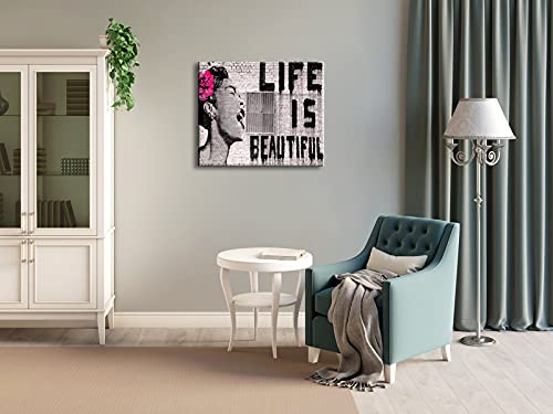 Wieco Art Abstract Giclee Canvas Prints Wall Art Ready To Hang For Kitchen Home Office Decor Banksy Life Is Beautiful Large Modern Stretched And Framed Grey Impressionist Pictures Paintings Artwork #TOP2