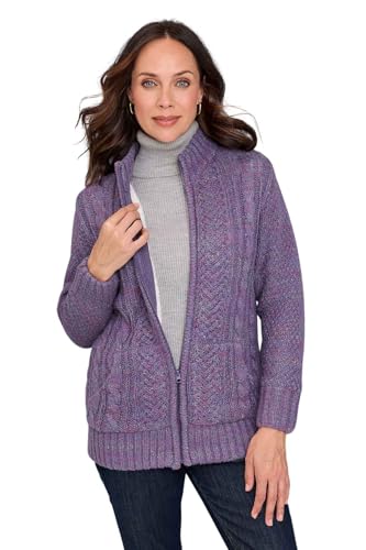 Image of Amber Ladies Borg Fleece Lined Zip Cardigan Cable Knit Design Warm Marl Yarn with Full Zip Front Lavender 16-18