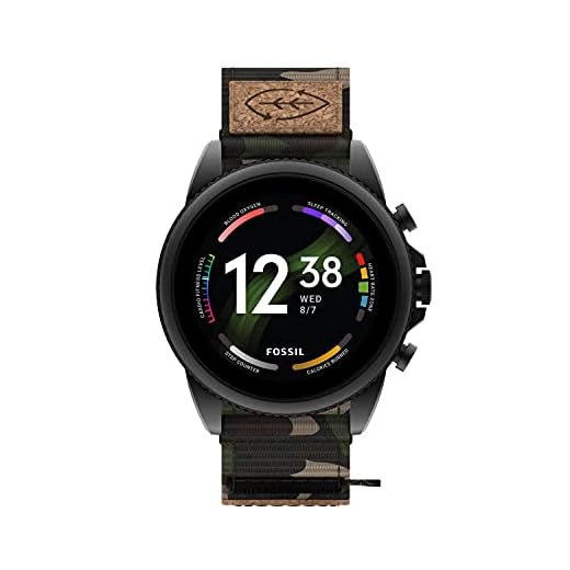 Fossil Unisex Gen 6 44mm Stainless Steel and Cork Touchscreen Smart Watch, Color: Black, Camo (Model: FTW4063V)