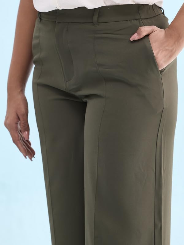 Image of GO COLORS Poly Spandex Crepe Wide Pants Full Length for Women| Lightweight, Mid Rise, Side Pockets