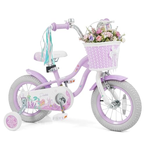 Olakids Kids Bike 12 14 16 18 20 Inch Mermaid Theme Girls Bicycle with Training Wheels Basket Adjustable Seat and Handlebar Dual Brake (12 Inch Purple)